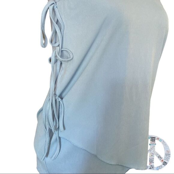 $ 5 add on item $ sky blue faux 3 tie wrap top with ruffled straps. - Picture 5 of 11